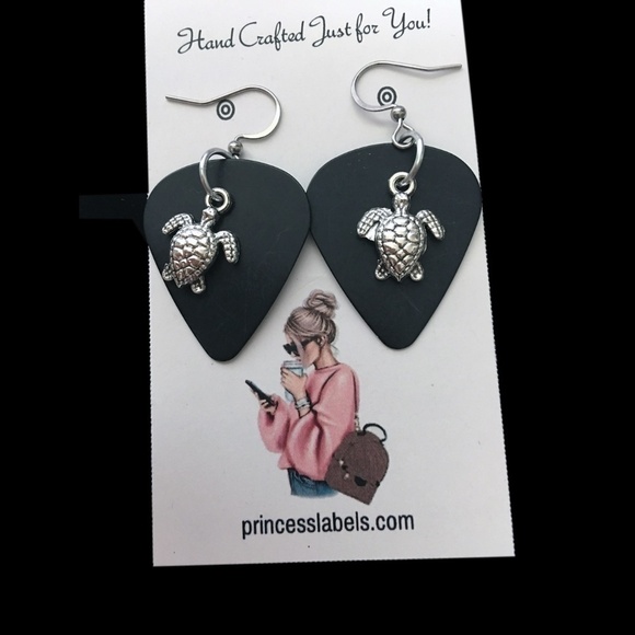 HAND Crafted Drop Earrings Repurposed Guitar Picks Save the Turtles Black Silver - Picture 4 of 6
